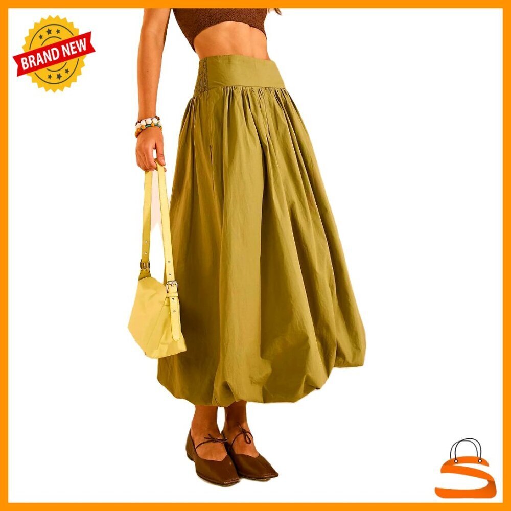 Y2K Bubble Maxi Skirt Elastic Waist A-Line Ruffle Pleated Summer Casual